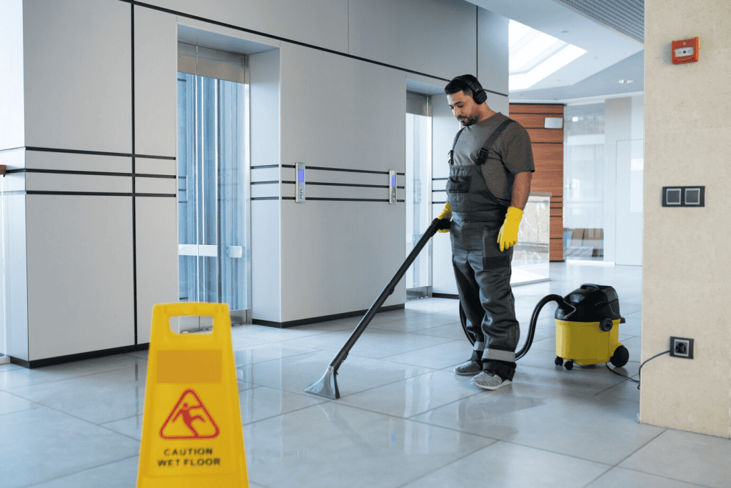 Man cleaning the carpet in GYM