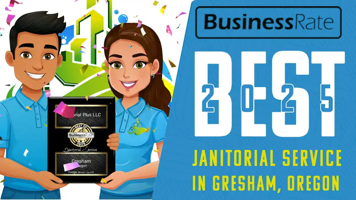 Janitorial Plus mascot characters wearing Christmas hats waving to celebrate 2025 BusinessRate Best Janitorial Service award in Gresham Oregon.