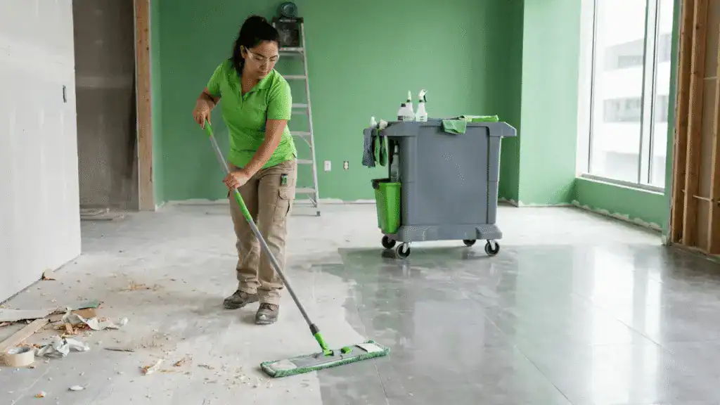 A woman in a vibrant green cleaning uniform and safety glasses mops a polished cement tile floor at an indoor construction site. To her left, the floor is covered in dust and construction debris; to her right, it is clean and shiny. In the background, a cleaning cart loaded with supplies, an aluminum ladder, and large office windows.
