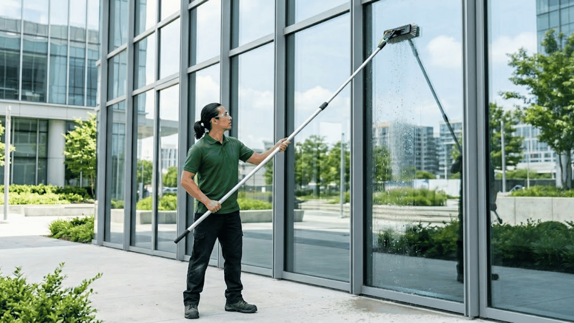 A man with a ponytail and safety glasses uses a long telescopic pole with a cleaning head to clean a large glass window on the ground floor of a modern office building with a glass facade. The man is standing on a concrete patio, surrounded by green hedges and trees, with more city buildings visible in the background.