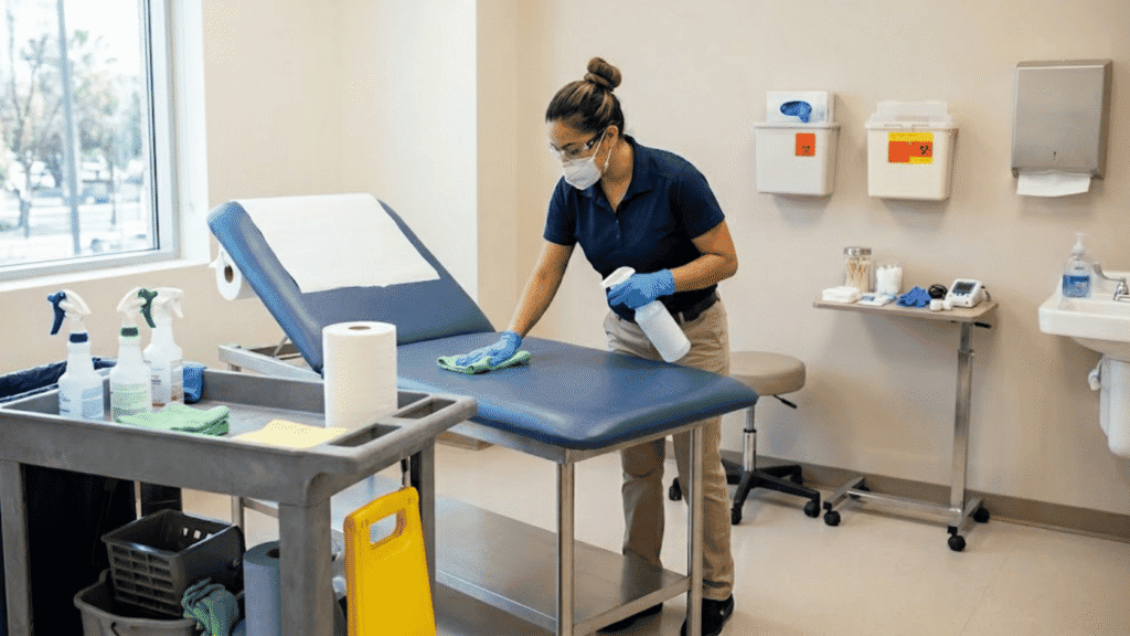 A cleaning professional wearing a mask, safety glasses, and blue gloves disinfects a blue medical examination table with a cloth and spray bottle. She is wearing a dark blue polo shirt and khaki pants. To her left is a gray janitorial cart stocked with cleaning bottles, paper towels, and a yellow caution sign, all without visible markings or logos. The setting is a well-lit medical office with natural light, including a sink, a small table with supplies, and medical waste containers on the back wall.