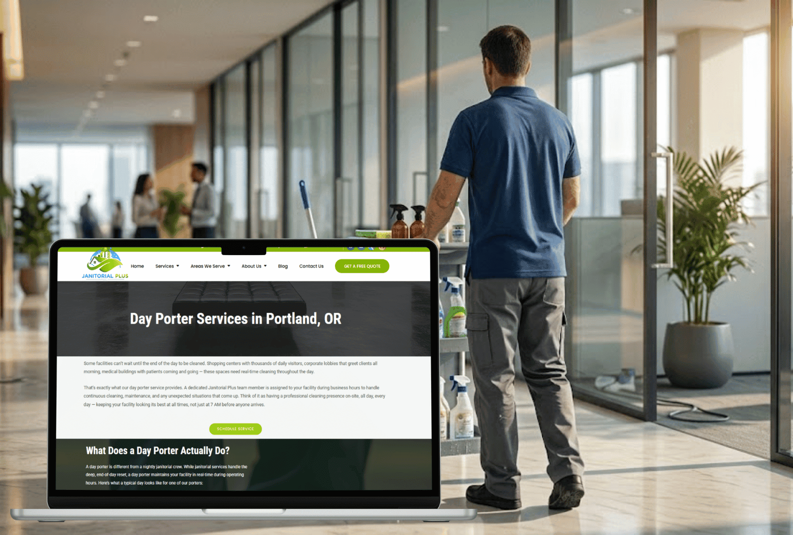 Day porter service, along with the website on a Janitorial Plus computer