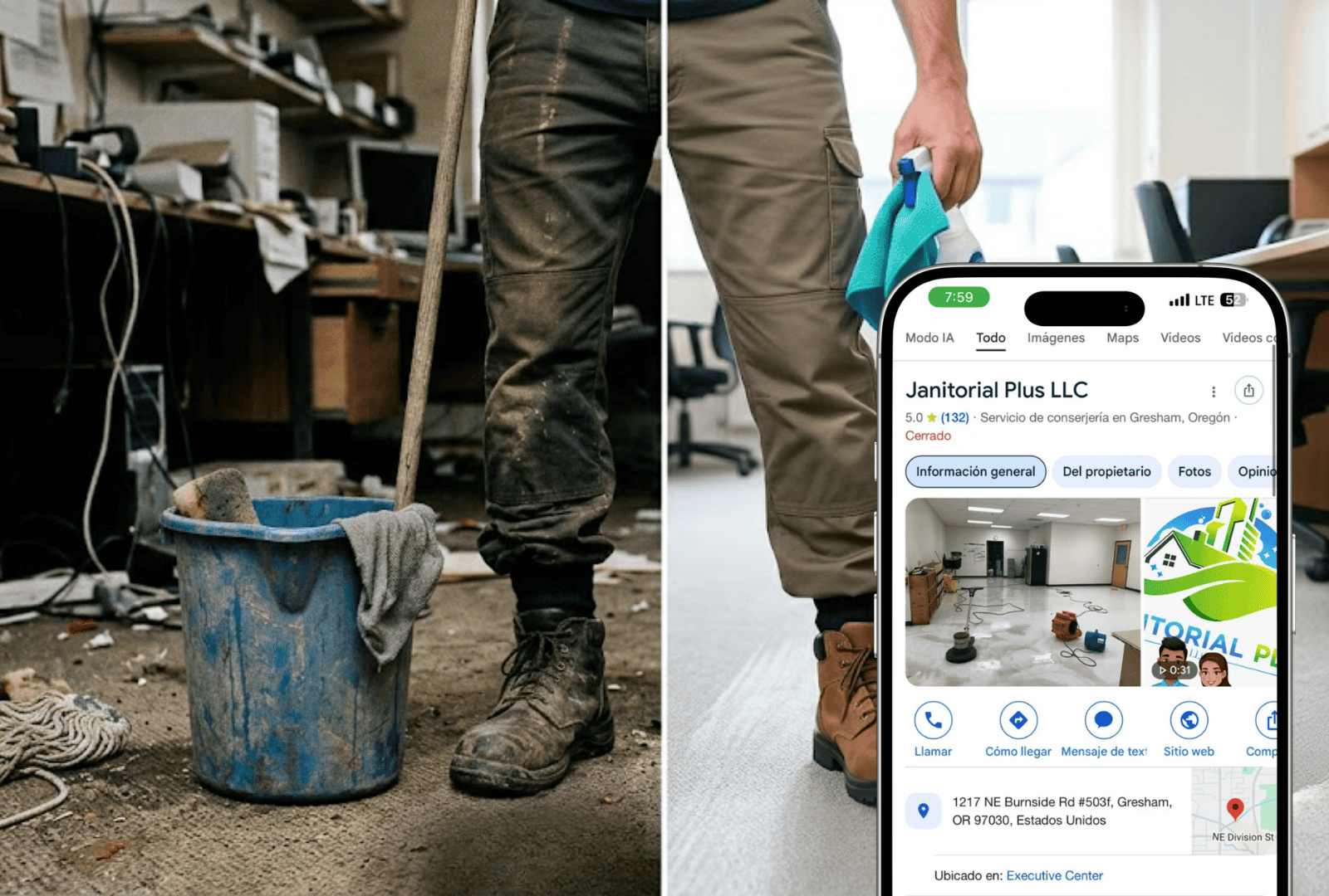 An office divided in half, one half dirty and the other clean, next to a man with cleaning supplies and a phone displaying Google Janitorial Plus.
