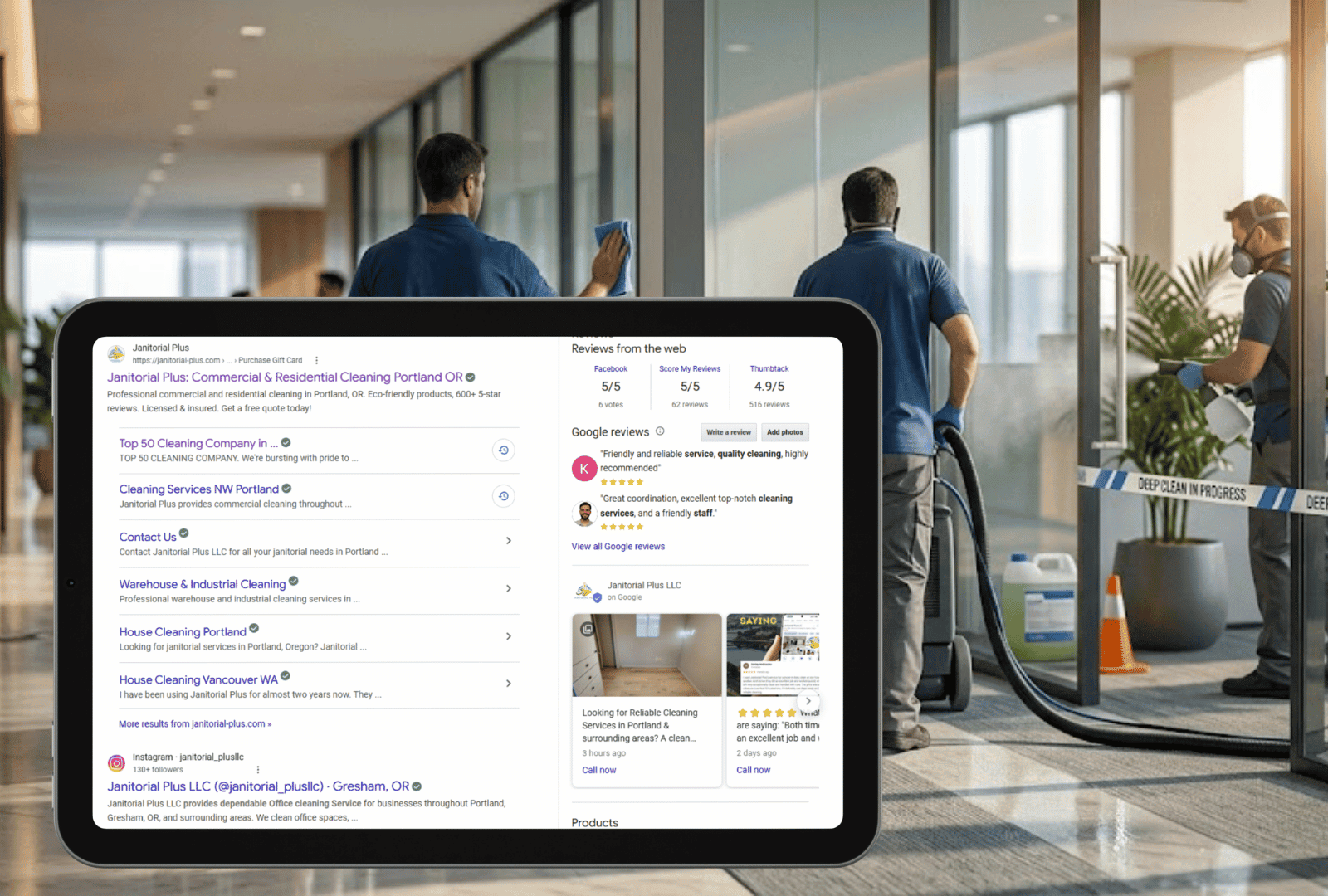 Cleaning services behind an office with a tablet viewing Janitorial Plus's Google My Business