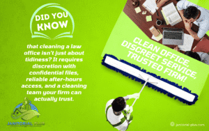 Professional law office cleaning services by Janitorial Plus, highlighting confidential file discretion, reliable after-hours access, and trusted commercial cleaning for legal firms.