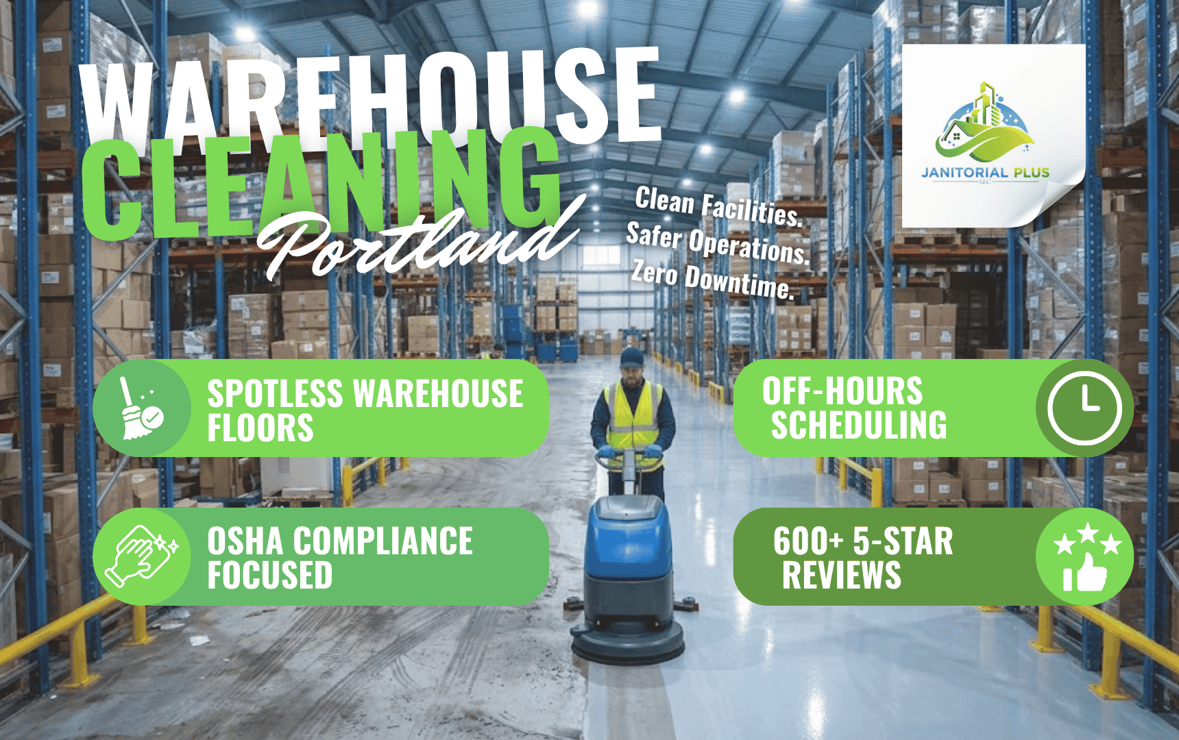 Professional warehouse cleaning services in Portland by Janitorial Plus, featuring industrial floor scrubbing, OSHA compliance focus, off-hours scheduling, and zero operational downtime.