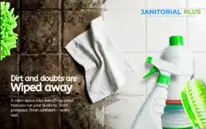 Before and after commercial cleaning results by Janitorial Plus, showing a dirty tile wall being wiped perfectly clean to build trust in business spaces.