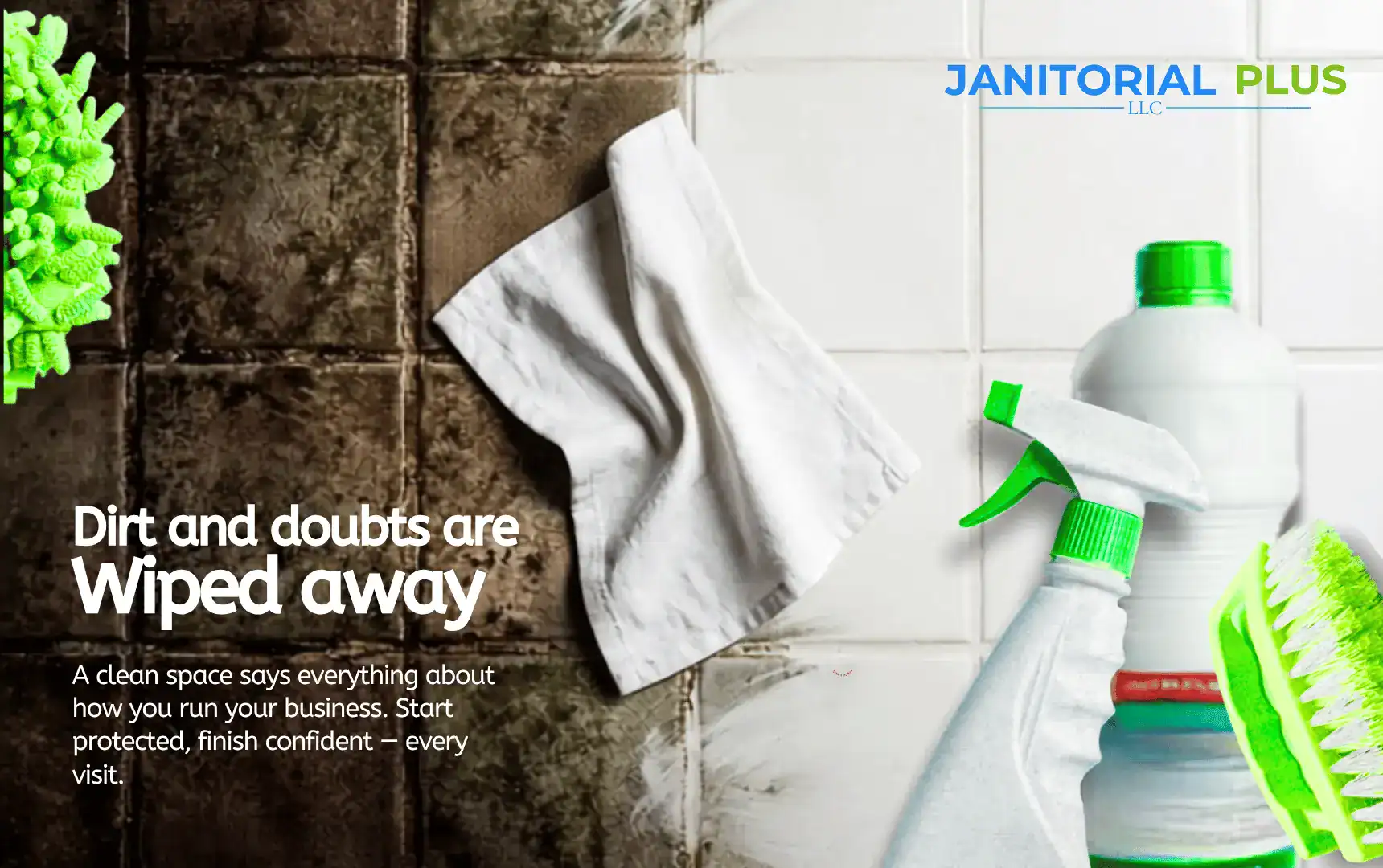 Before and after commercial cleaning results by Janitorial Plus, showing a dirty tile wall being wiped perfectly clean to build trust in business spaces.